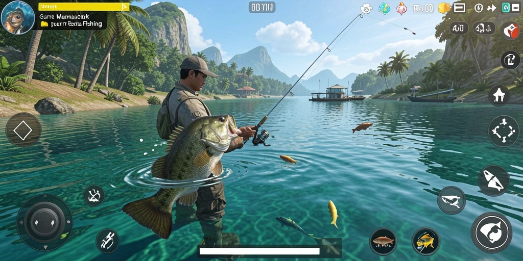 Screenshot utama GOWIN menampilkan gameplay memancing yang seru dan interaktif.