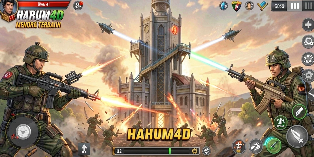 Gameplay menegangkan dalam HARUM4D menunjukkan menara dan gelombang musuh.