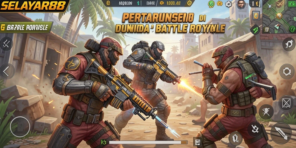 Screenshot menampilkan aksi pertempuran intens di arena Battle Royale.