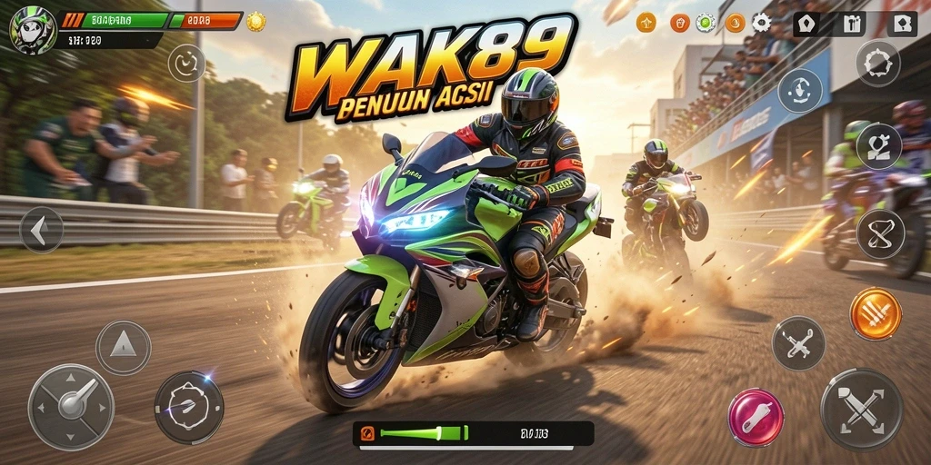 Screenshot gameplay WAK89 menampilkan aksi balapan motor yang mendebarkan.